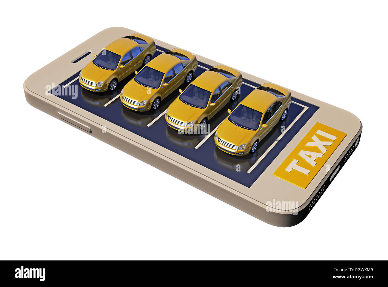 Telefono cellulare con parcheggio taxi sullo schermo. Il rendering 3D Foto Stock