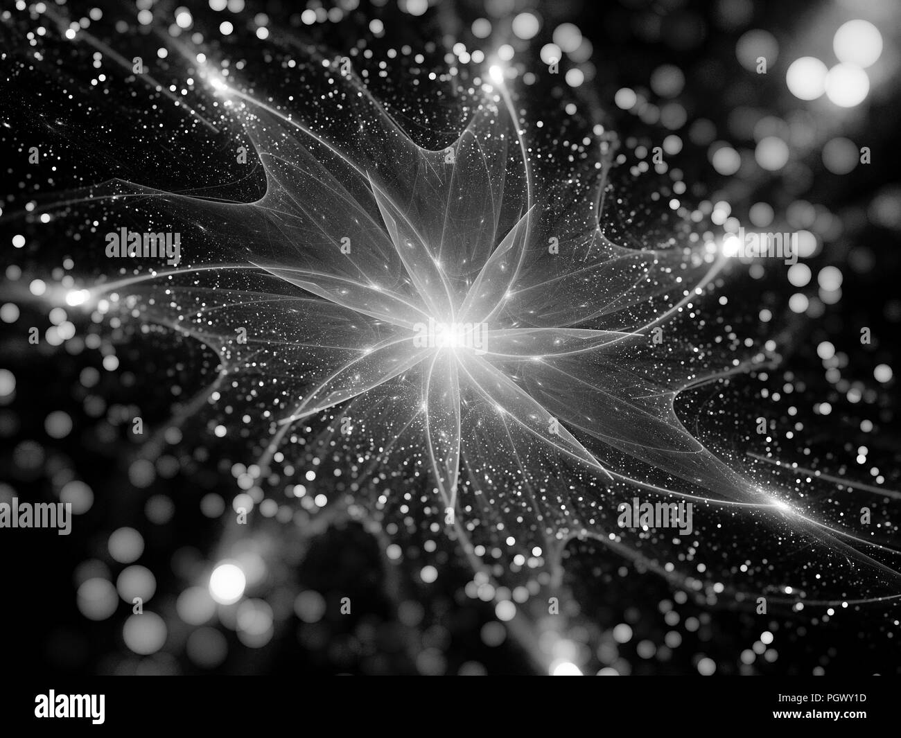 Magica stella brillante in bianco e nero di opere d'arte frattale, generato dal computer sfondo astratto, rendering 3D Foto Stock