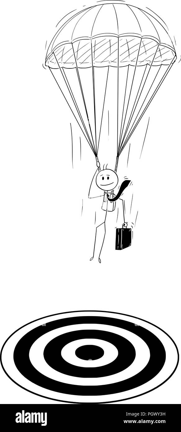 Cartoon di paracadutista imprenditore con atterraggio con il paracadute sul bersaglio Illustrazione Vettoriale