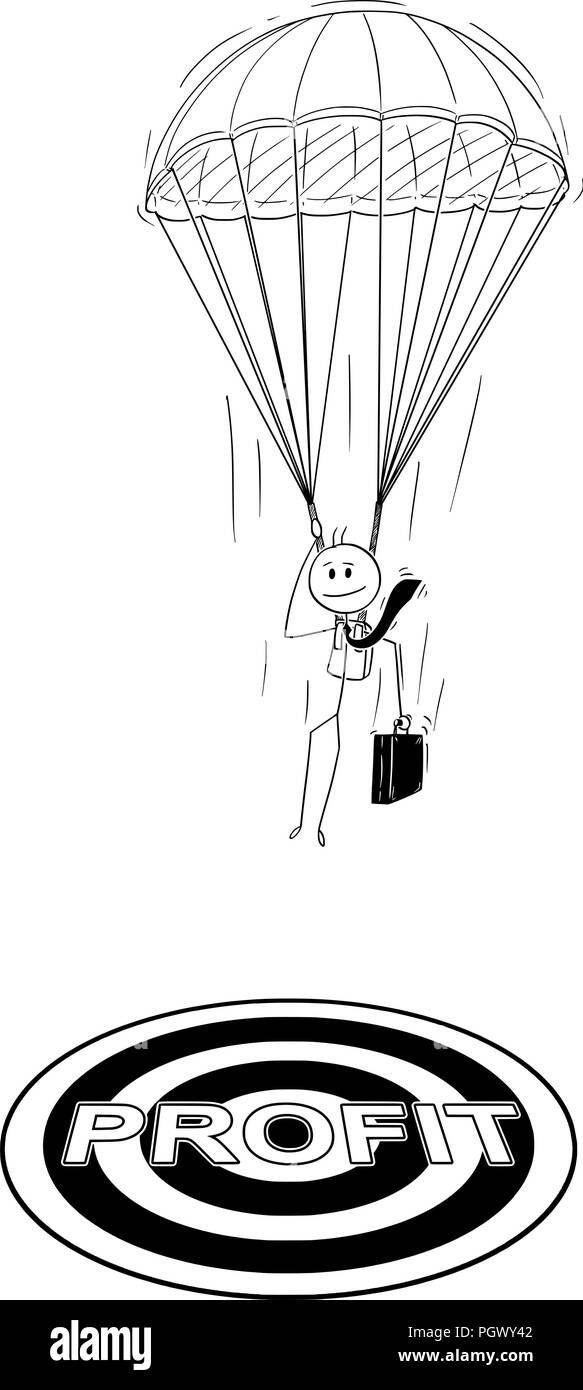 Cartoon di paracadutista imprenditore con paracadute in atterraggio a Target di profitto Illustrazione Vettoriale