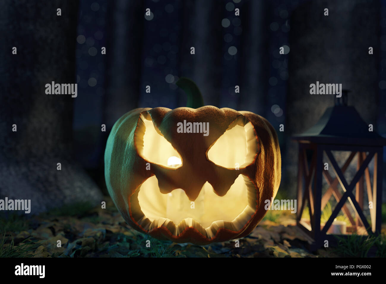 3D rendering di lucido halloween jack-o-Lantern zucca a scurire la foresta Foto Stock