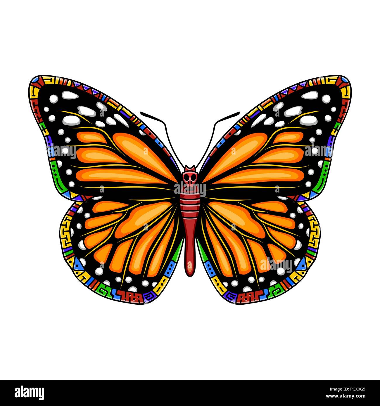 Butterfly machaon su uno sfondo nero. Vector bellissima coda forcuta boho t-shirt design. Mistico simbolo esoterico di libertà, viaggi, turismo. Illustrazione Vettoriale