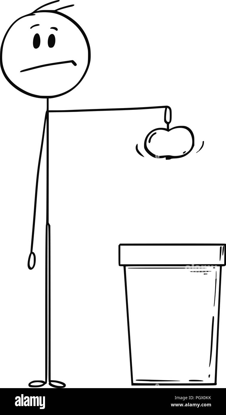 Cartoon dell uomo in possesso di un Apple e pronto a gettarla nel bidone dei rifiuti Illustrazione Vettoriale