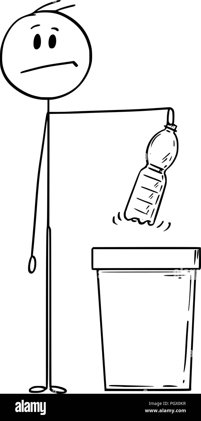 Cartoon dell uomo di contenimento in materiale plastico di una bottiglia di PET pronto a gettarla nel bidone dei rifiuti Illustrazione Vettoriale