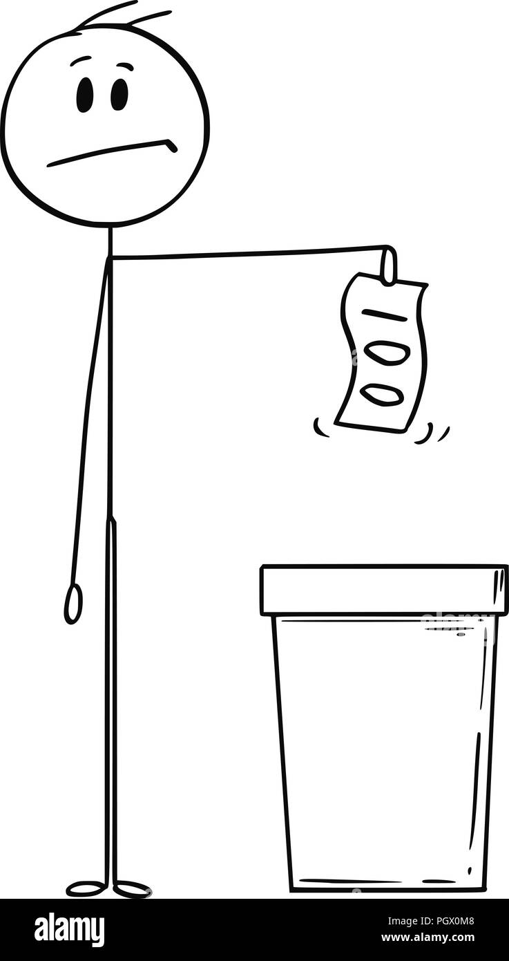 Cartoon di uomo o imprenditore gettando banconota o denaro nel bidone dei rifiuti Illustrazione Vettoriale