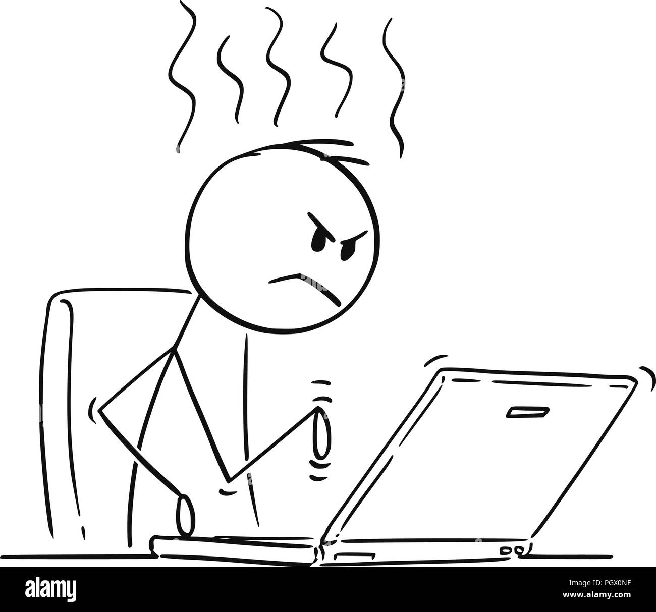 Cartoon di Angry Man o imprenditore lavora o digitazione sul computer portatile Illustrazione Vettoriale