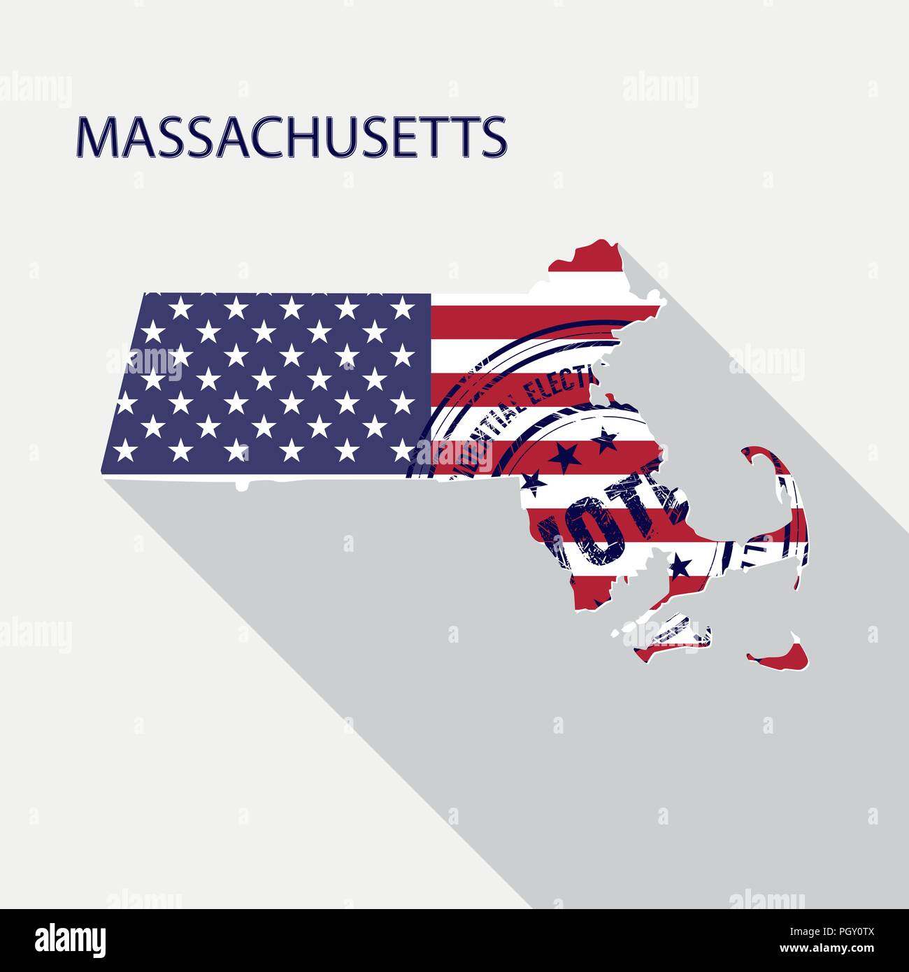 Stato del Massachusetts vettore grafico mappa con bandiera e giorno presidenziale votazione timbro Illustrazione Vettoriale