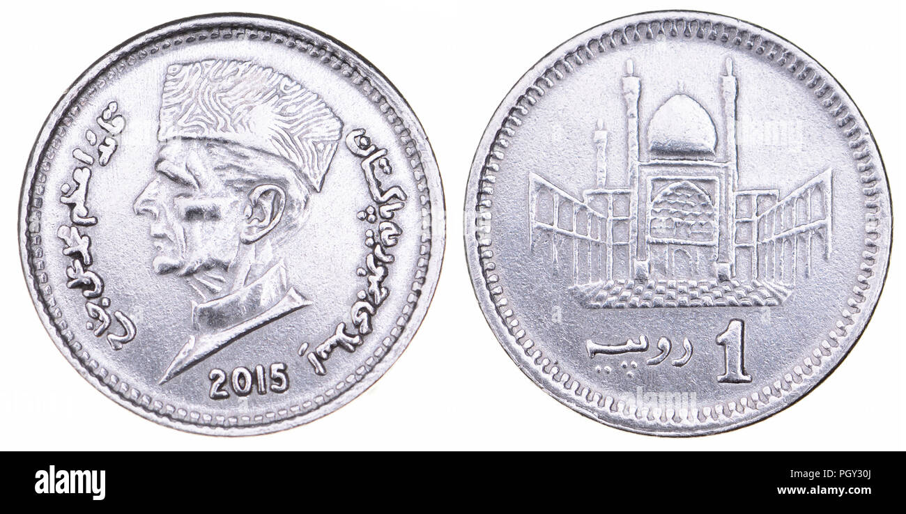 Il Pakistan 1 Rupee coin (2015) che mostra la testa di Muhammad Ali Jinnah (1876-1948) fondatore del Pakistan (complementare) e Hazrat Lal Shahbaz Qalandar Mausole Foto Stock