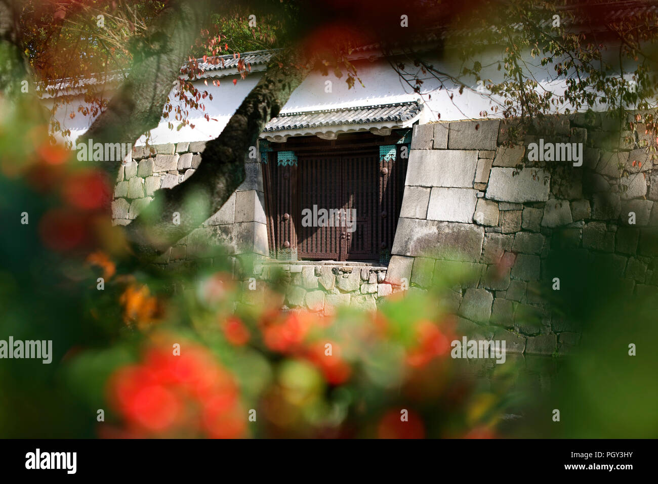 La foto mostra la porta est e il fossato esterno del Castello di Nijo a Kyoto, in Giappone il 14 nov. 2014. Il castello fu costruito dagli shogun Tokugawa Ieyasu nel 1603 Foto Stock