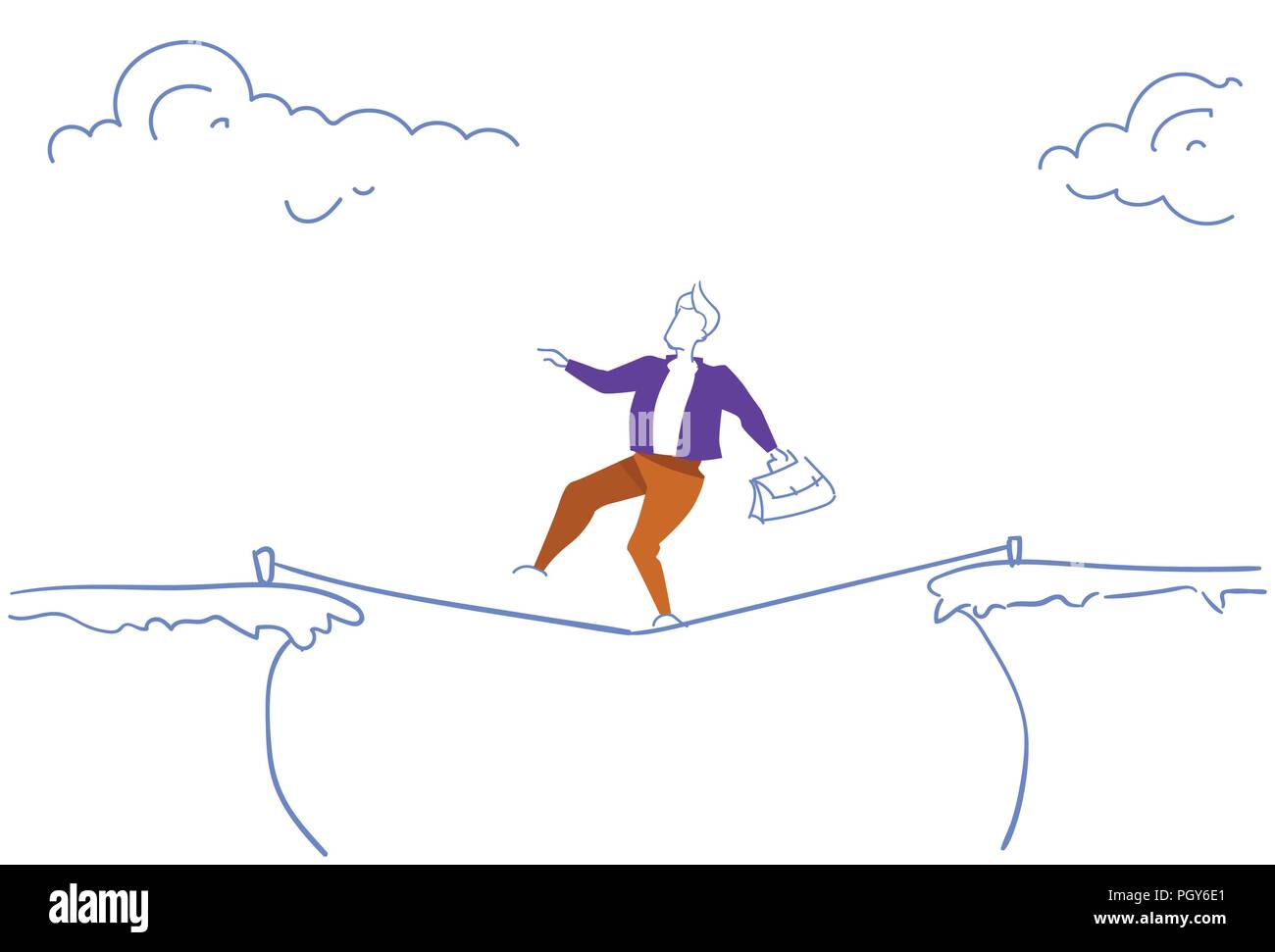 Imprenditore camminare su cliff gap abisso di montagna business man corda di bilanciamento del concetto di rischio doodle schizzo in orizzontale Illustrazione Vettoriale