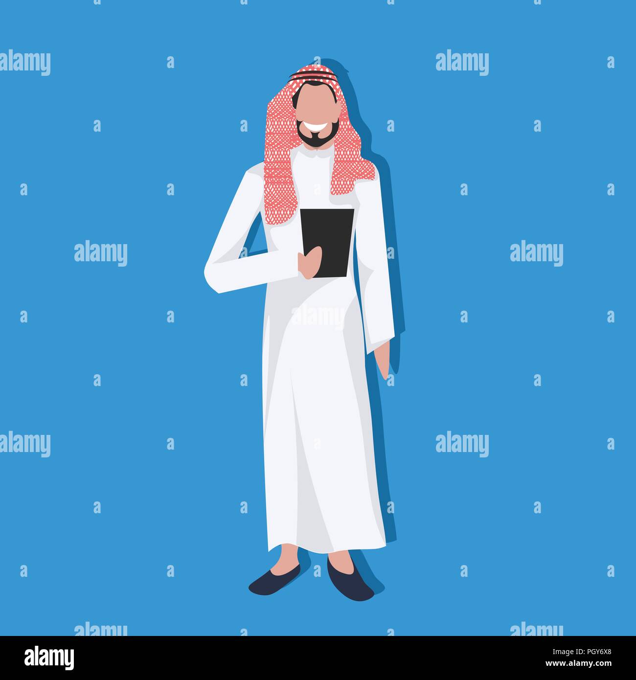 Arabo business man holding tablet indossando abiti tradizionali di comunicazione online di concetto imprenditore arabo maschio personaggio dei cartoni animati avatar flat a piena lunghezza Illustrazione Vettoriale