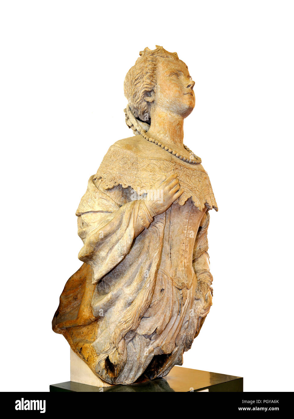 Polena di I.R.N. Kaiserin Elisabeth (carro vaporetto) 1.40 m. alto rappresentate atre quarto della figura l'Imperatrice d'Austria in età precoce. Lei è stato installato sul sistema di cottura a vapore aruote recanti il nome dell'imperatrice, costruita nel 1861 a Pula in Lissa. Foto Stock