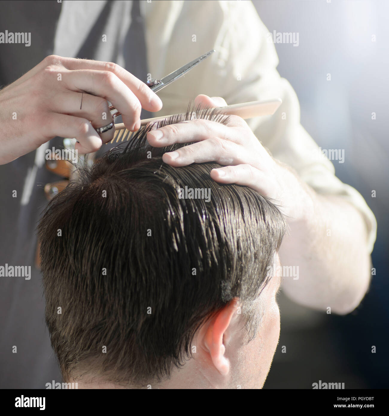 L'uomo getting haircut al Barber shop. Parrucchiere il taglio dei capelli del cliente al salone. Foto Stock