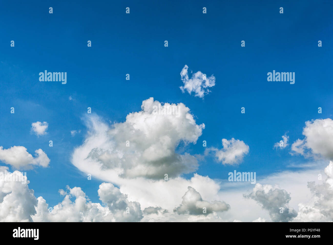 Soffice bianco cumulus nubi in un cielo blu Foto Stock