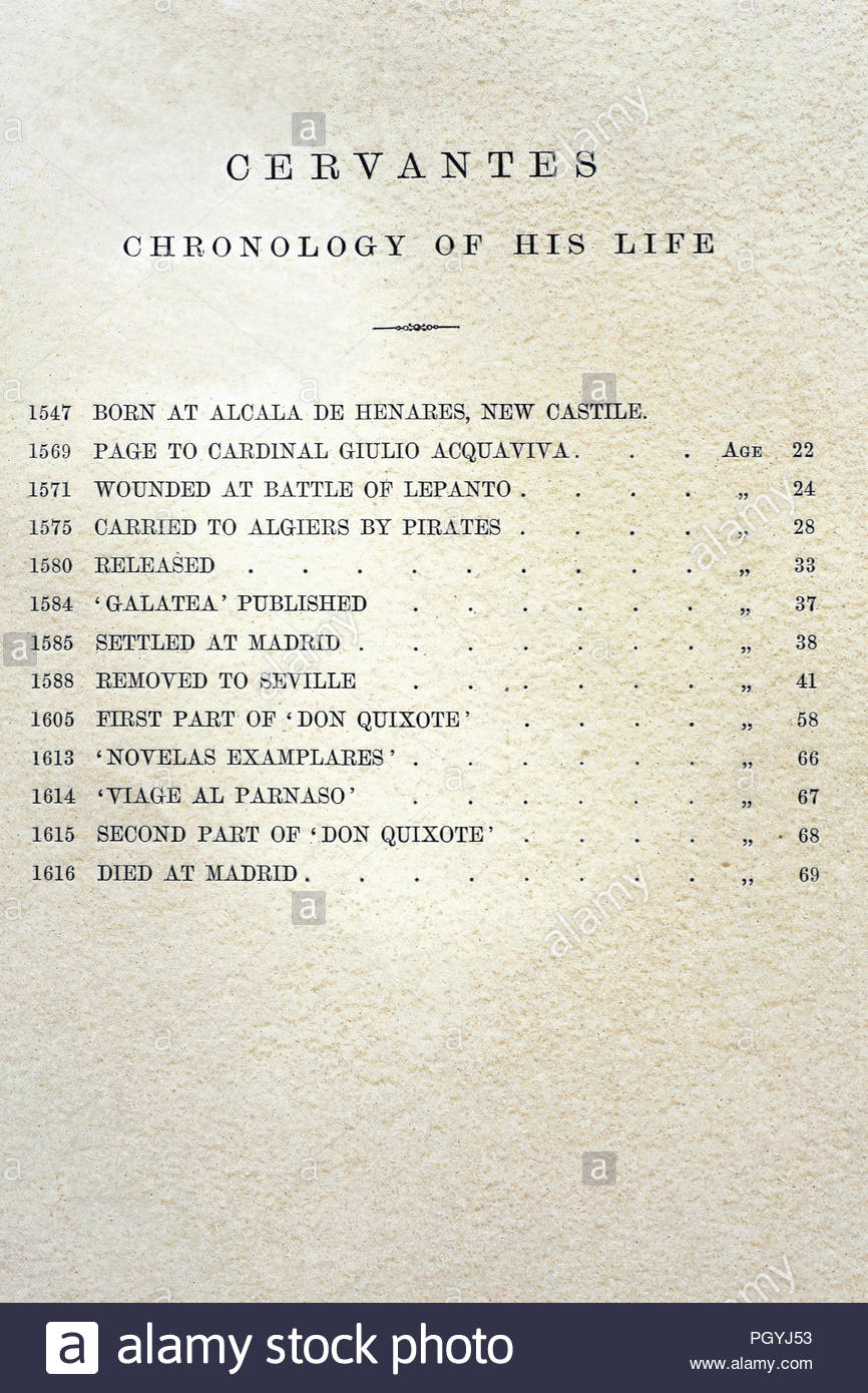Miguel de Cervantes cronologia della sua vita, 1547 - 1616 era uno scrittore spagnolo che è ampiamente considerato come il più grande scrittore in lingua spagnola e uno del mondo pre-eminenti scrittori. Il suo romanzo Don Chisciotte è stato tradotto in più lingue oltre a qualsiasi altro libro tranne la Bibbia, la cronologia dal libro antico 1880 Foto Stock