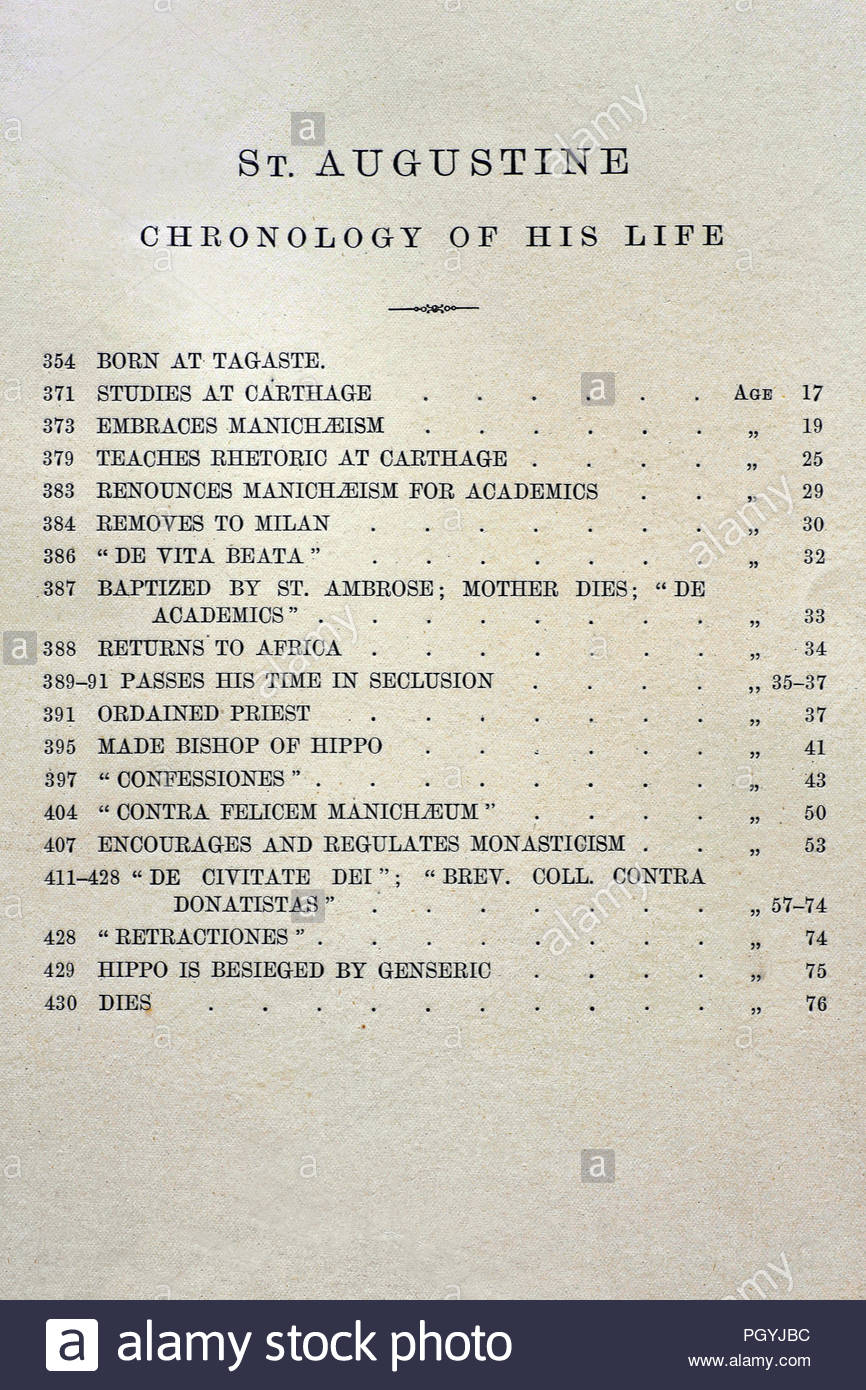 Sant Agostino di Ippona cronologia della sua vita, 354 - 430 era un romano africano, paleocristiano di teologo e filosofo da Numidia i cui scritti hanno influenzato lo sviluppo del cristianesimo occidentale e della filosofia occidentale. Egli è stato il Vescovo di Ippona Regius in Africa del nord ed è considerato uno dei più importanti Padri della Chiesa nella cristianità occidentale per i suoi scritti in epoca patristica, la cronologia dal libro antico 1880 Foto Stock