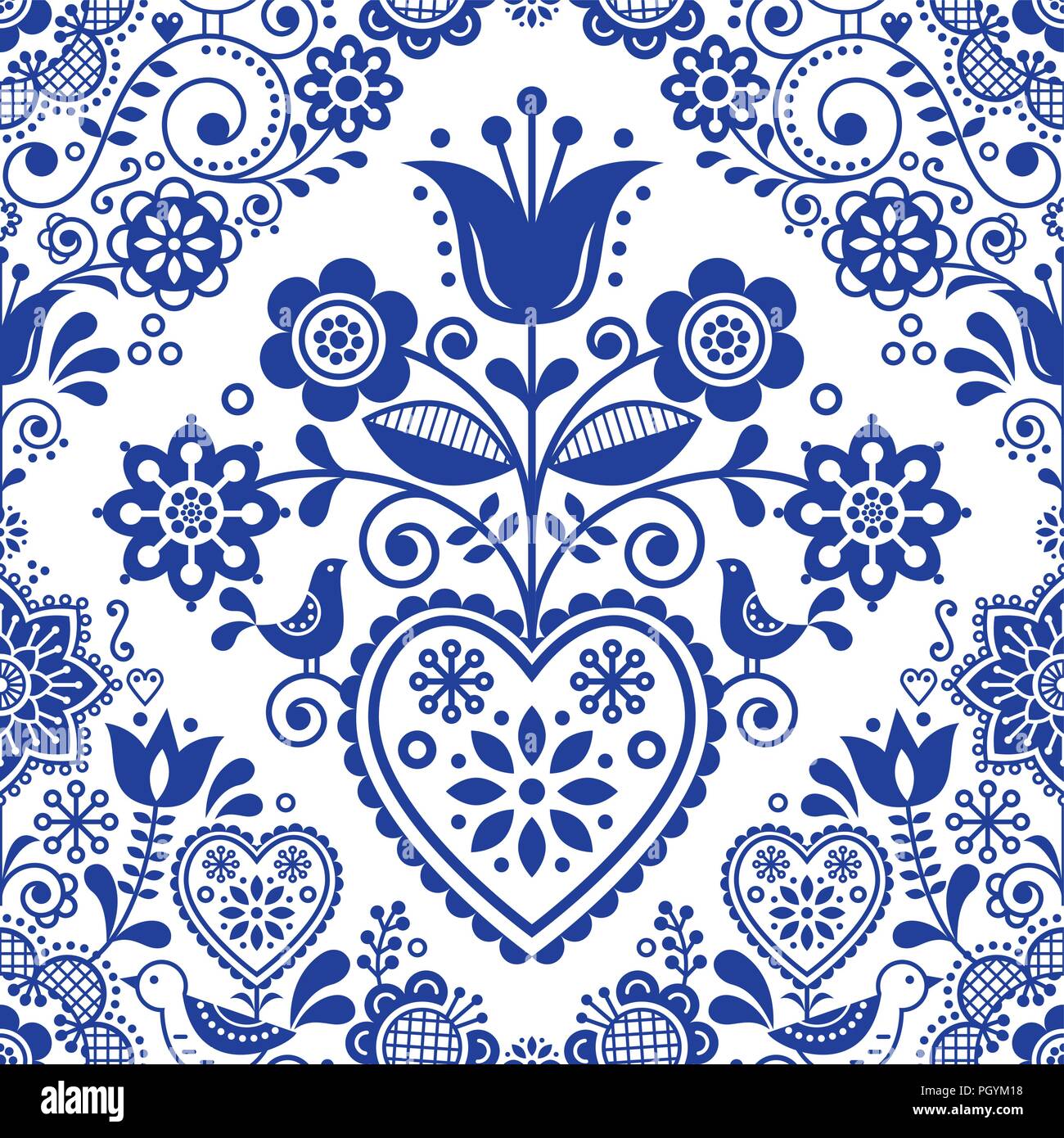 Seamless arte popolare modello di vettore con uccelli e fiori, scandinavo o Nordic blu navy ripetitivo design floreale. In stile retrò navy blue ornamento, Sc Illustrazione Vettoriale