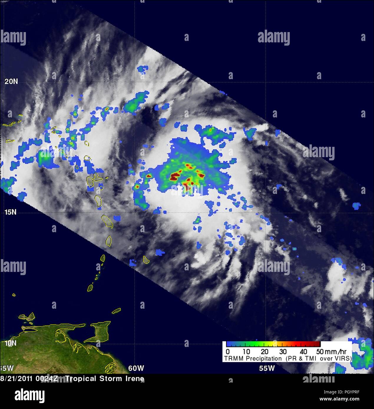 Tempesta tropicale Irene ha rivelato dalla pioggia tropicale di misurazione (missione TRMM) via satellite, 22 agosto 2011. Immagine cortesia della NASA / SSAI, Hal Pierce. () Foto Stock