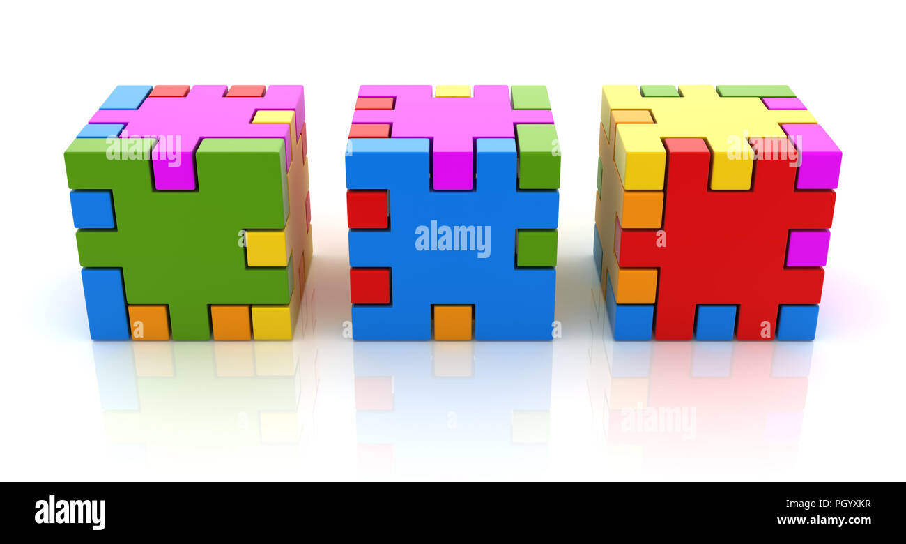 Colorati cubi Puzzle , questo è un rendering 3d generate computer immagine. Isolato su bianco. Foto Stock