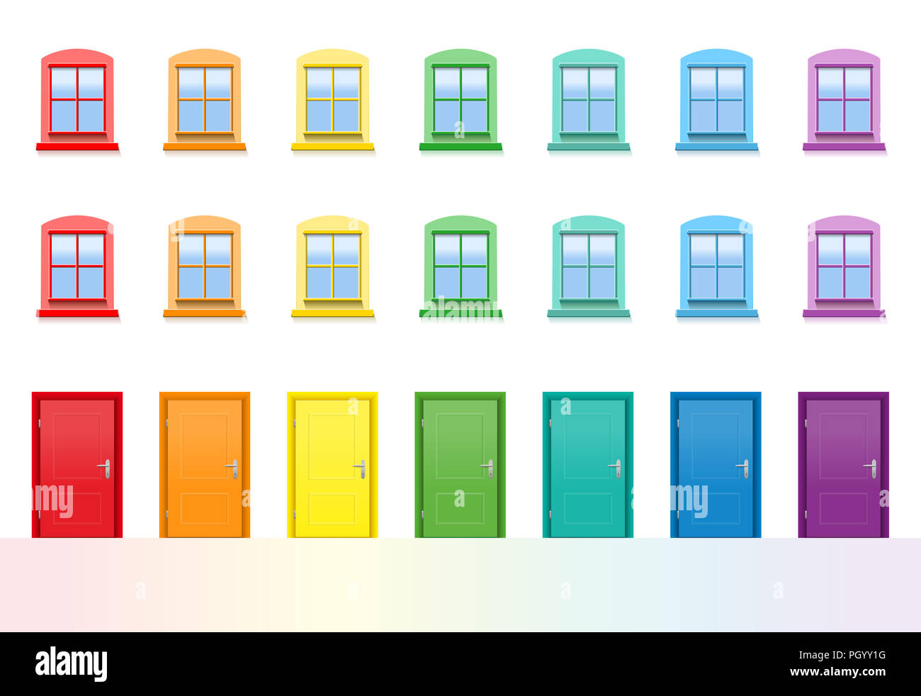 Colorato di porte e finestre. Rainbow casa colorata anteriore, felice vicini - illustrazione su sfondo bianco. Foto Stock