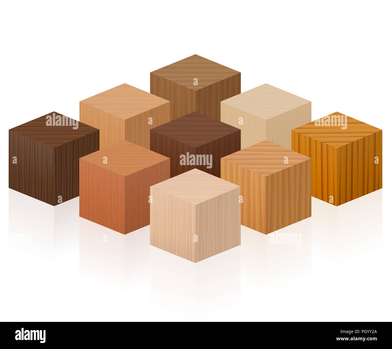 Cubi di legno - campioni di legno con diverse texture, colori, smalti, da vari alberi di scegliere - marrone scuro, grigio chiaro, rosso, giallo e arancione. Foto Stock