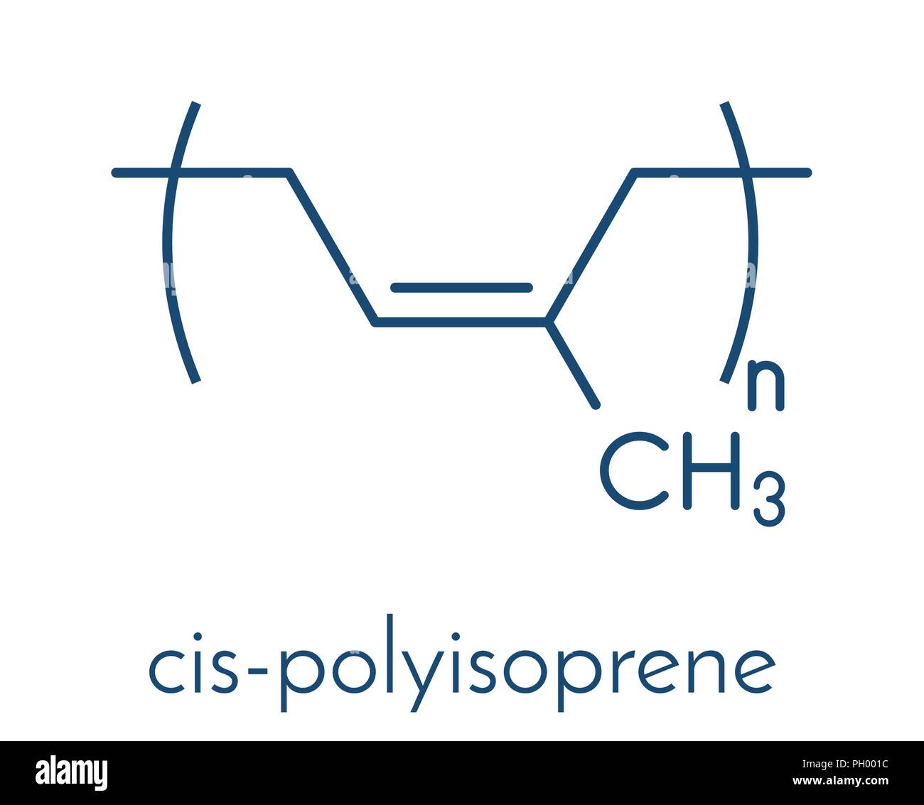 Gomma naturale di cis-1,4-poliisoprene), struttura chimica. Utilizzato per la fabbricazione di chirurghi' guanti, preservativi, stivali, pneumatici per auto, ecc. Formula di scheletro. Illustrazione Vettoriale