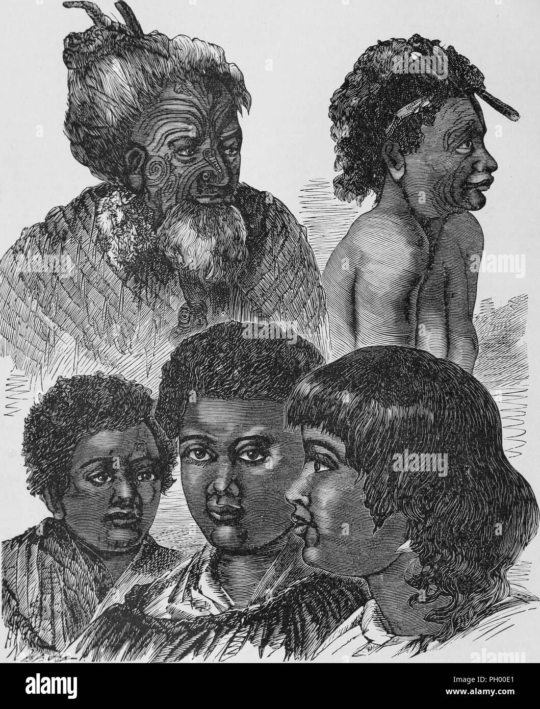 Bianco e nero stampa vintage, raffigurante la fisionomia dei Maori gli uomini e le donne, dall'infanzia attraverso la vecchiaia, con l'uomo anziano in alto a sinistra del viso Indossare ta moko (tatuaggio)e un korowai (tag manto) situato in Nuova Zelanda, pubblicato in John George legno volume dell 'l'rozzi gare di uomini in tutti i paesi del mondo, essendo un account completo dei loro usi e costumi e delle loro caratteristiche fisiche, sociali, mentali, morali e religiosi caratteristiche', 1877. La cortesia Internet Archive. () Foto Stock