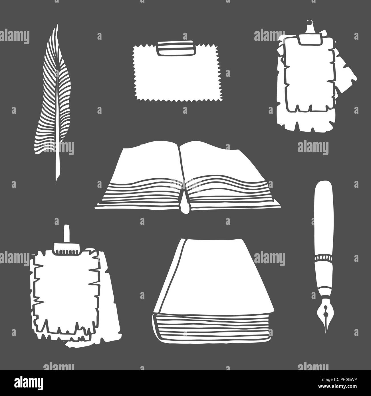 Disegnata a mano illustrazioni di grandi libri e penna. Doodle illustrazione vettoriale isolato su nero Illustrazione Vettoriale