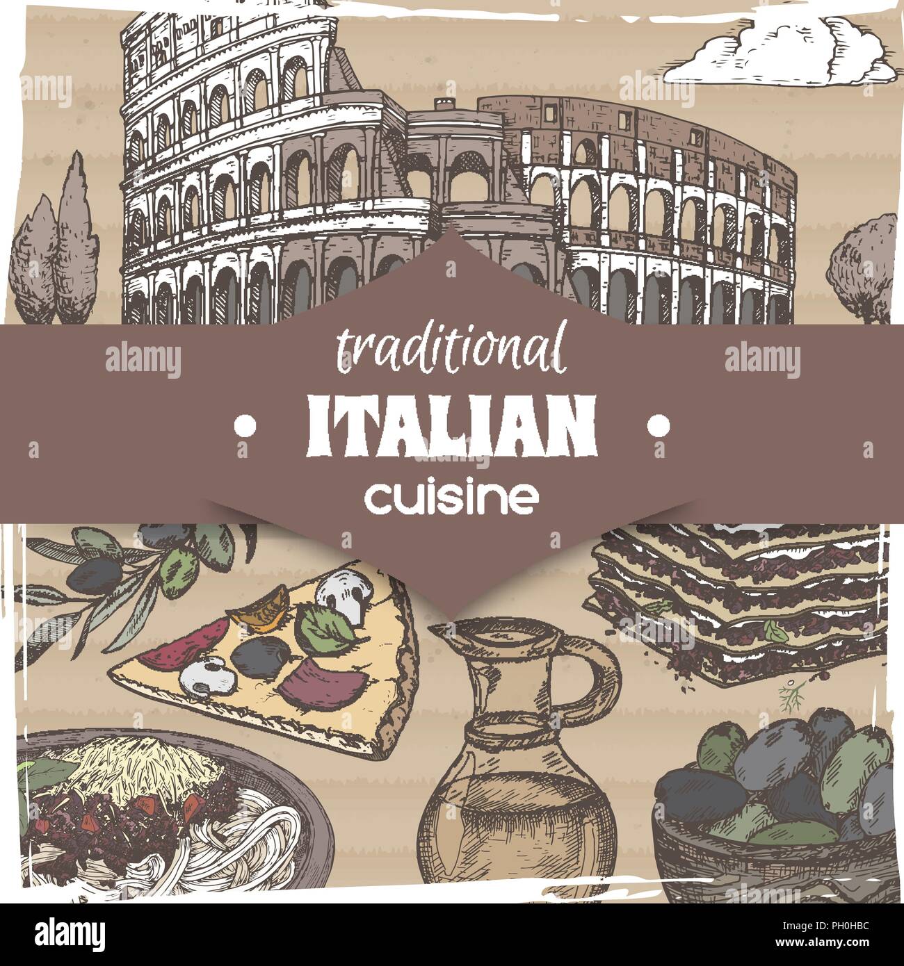 Modello Vintage con Roma Paesaggio e colore piatti della cucina italiana. Illustrazione Vettoriale