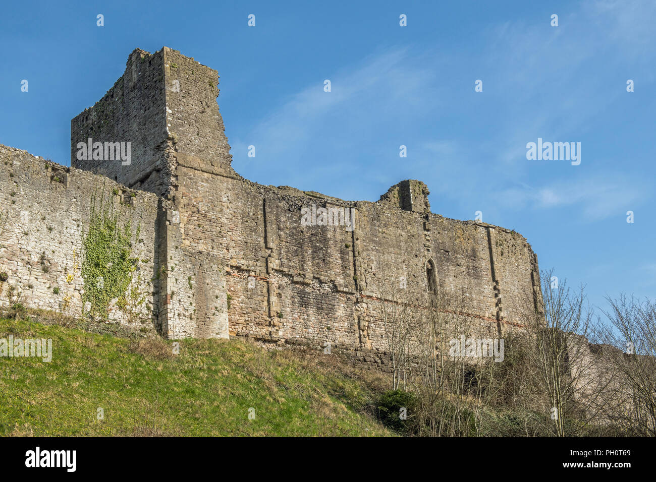 Chepstow Castle Monmouthshire da sotto la parete sud Foto Stock