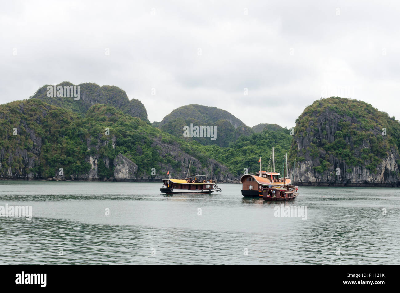 Barche nella Baia di Ha Long, Vietnam Foto Stock