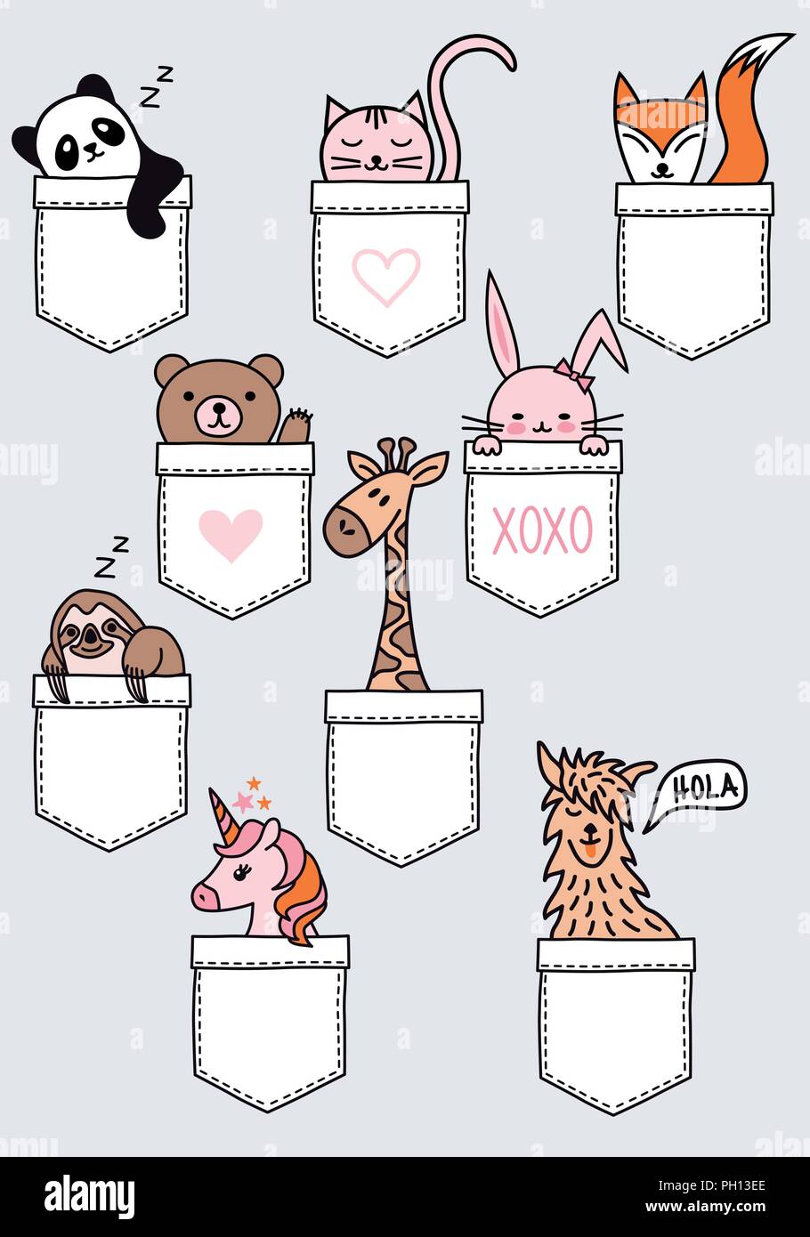 Simpatici animali bambino seduto in una tasca, panda, orso, cat, fox, bunny, sloth, giraffe, Unicorn, lama, set di vettore di elementi di design Illustrazione Vettoriale