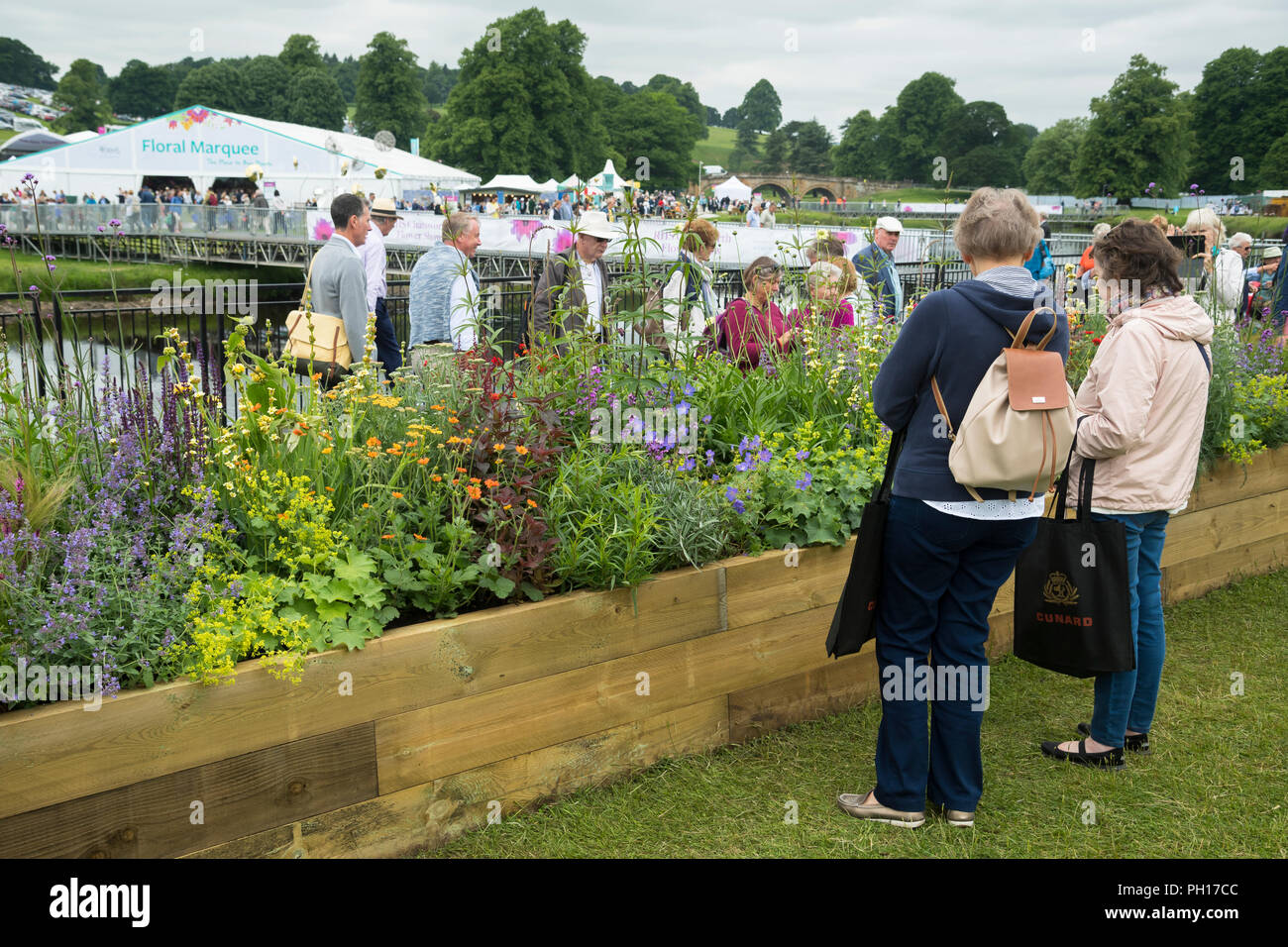 Vista persone piante fiorite in letto sollevata (lungo confine competition) a occupato showground rurale - RHS Chatsworth Flower Show, Derbyshire, Inghilterra, Regno Unito. Foto Stock