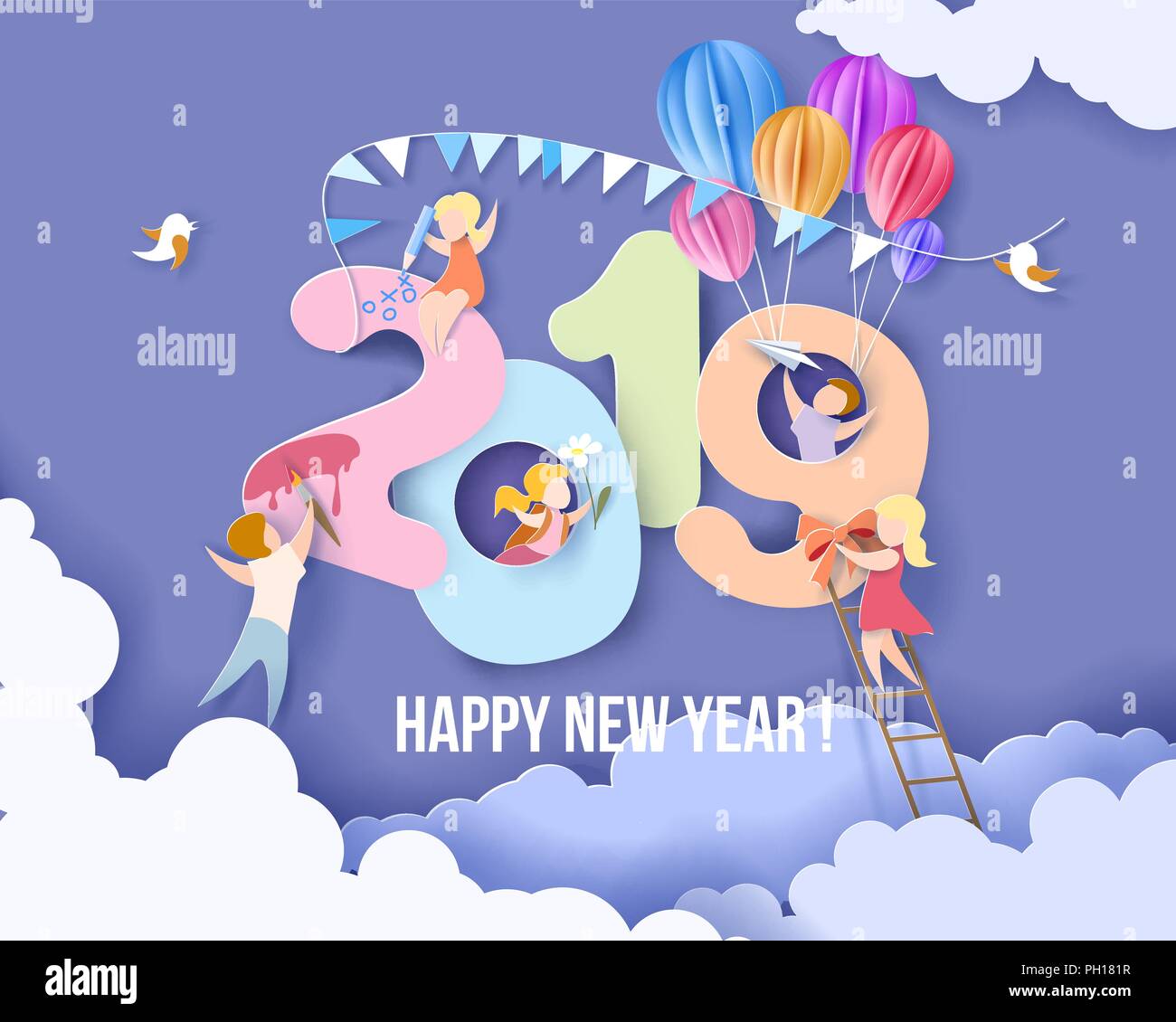 2019 Anno Nuovo scheda di progettazione con i bambini, cielo blu sullo sfondo. Illustrazione Vettoriale. Carta tagliata e stile di artigianato. Illustrazione Vettoriale