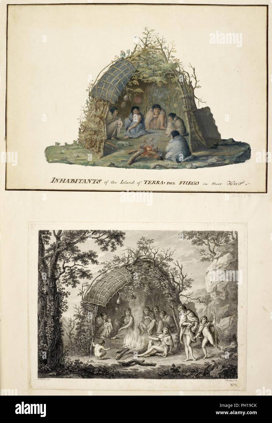 Una raccolta di disegni realizzati nei paesi visitati dal Capitano Cook nel suo primo viaggio. 1768-1771. - "Disegno Superiore; abitanti dell isola di Tierra del Fuego, nel loro rifugio, da Alexander Buchan, Gennaio 1769. Lowe0096. Foto Stock