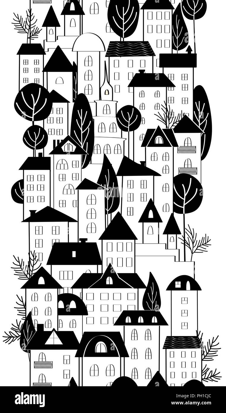 Cartoon del disegno a mano case di città e alberi di confine senza giunture. In bianco e nero. Vettore disegnati a mano illustrazione Illustrazione Vettoriale