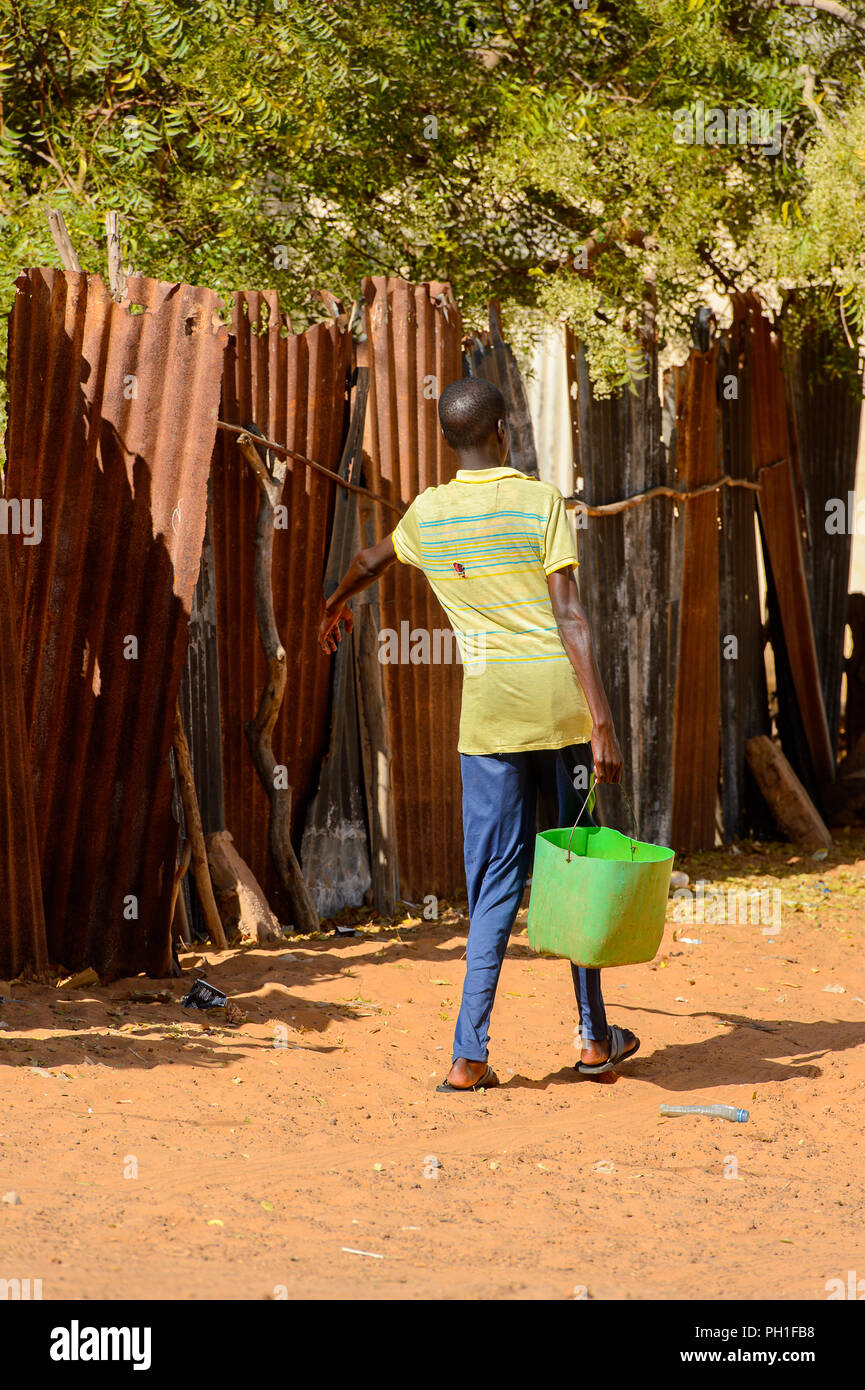 Deserto LAMPOUL village, SENEGAL - Apr 23, 2017: Non identificato uomo senegalese porta una benna di verde in un villaggio vicino al deserto Lampoul Foto Stock