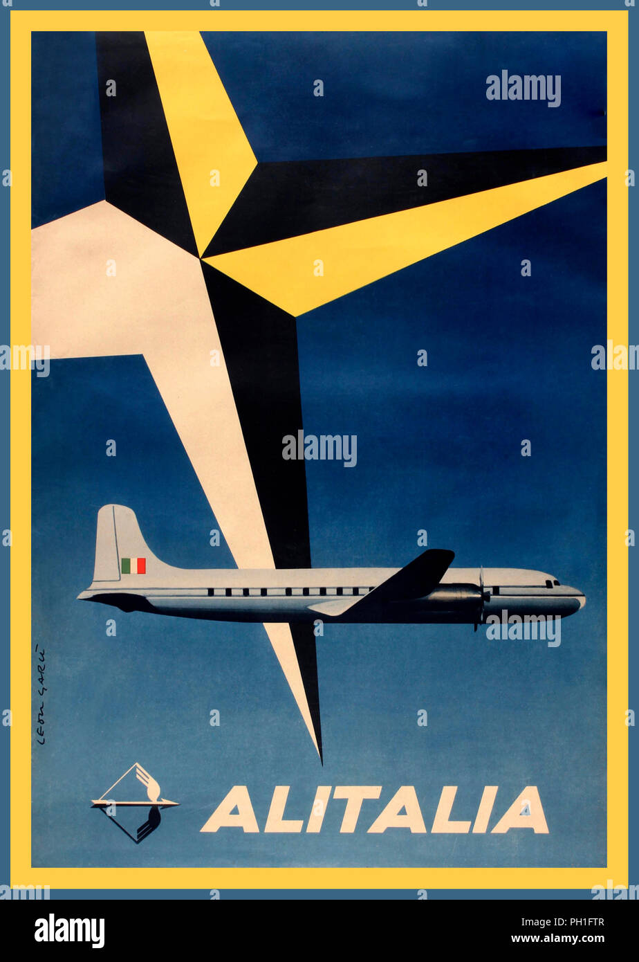Original vintage anni cinquanta la compagnia aerea poster pubblicitario per la compagnia aerea italiana Alitalia Italia anno:1954 Designer:Leon Garu Foto Stock