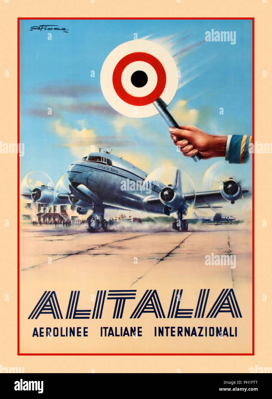 Alitalia - Linee Aeree Italiane S.p.A., fondata nel 1946 come Aerolinee Italiane Internazionali, più comunemente noto come Alitalia. Vintage anni cinquanta la compagnia aerea Alitalia aviation post Guerra WW2 poster con un Alitalia Douglas DC-4 velivolo su supporto denominato 'Citta de Roma' (Aviazione Registrazione I-DALZ). Alitalia ha acquistato il piano dal Pan Am come 'Clipper Golden Eagle" nel 1950 rinominato 'Citta de Roma' Foto Stock