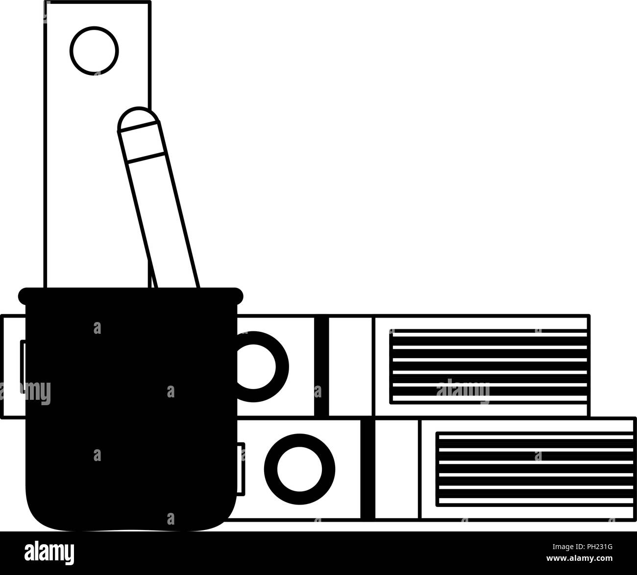 Libri e cup con righello e matita in bianco e nero Illustrazione Vettoriale