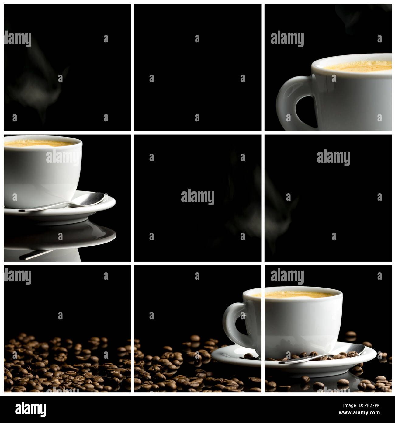 Collage di caffè- raccolta di nove immagini con caffè. Sfondo nero. Foto Stock