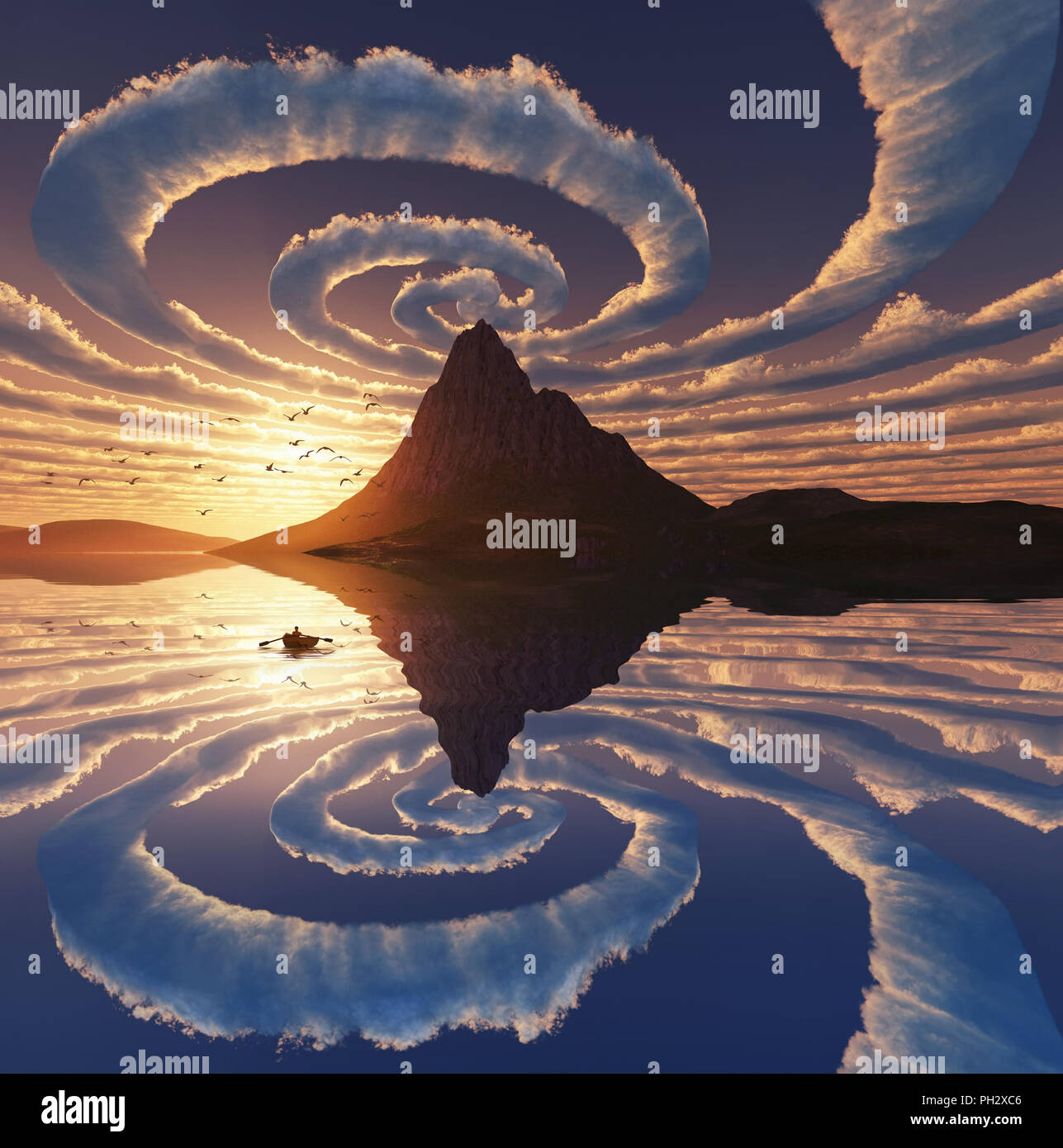La riflessione di spirale nubi sul picco di montagna Foto Stock
