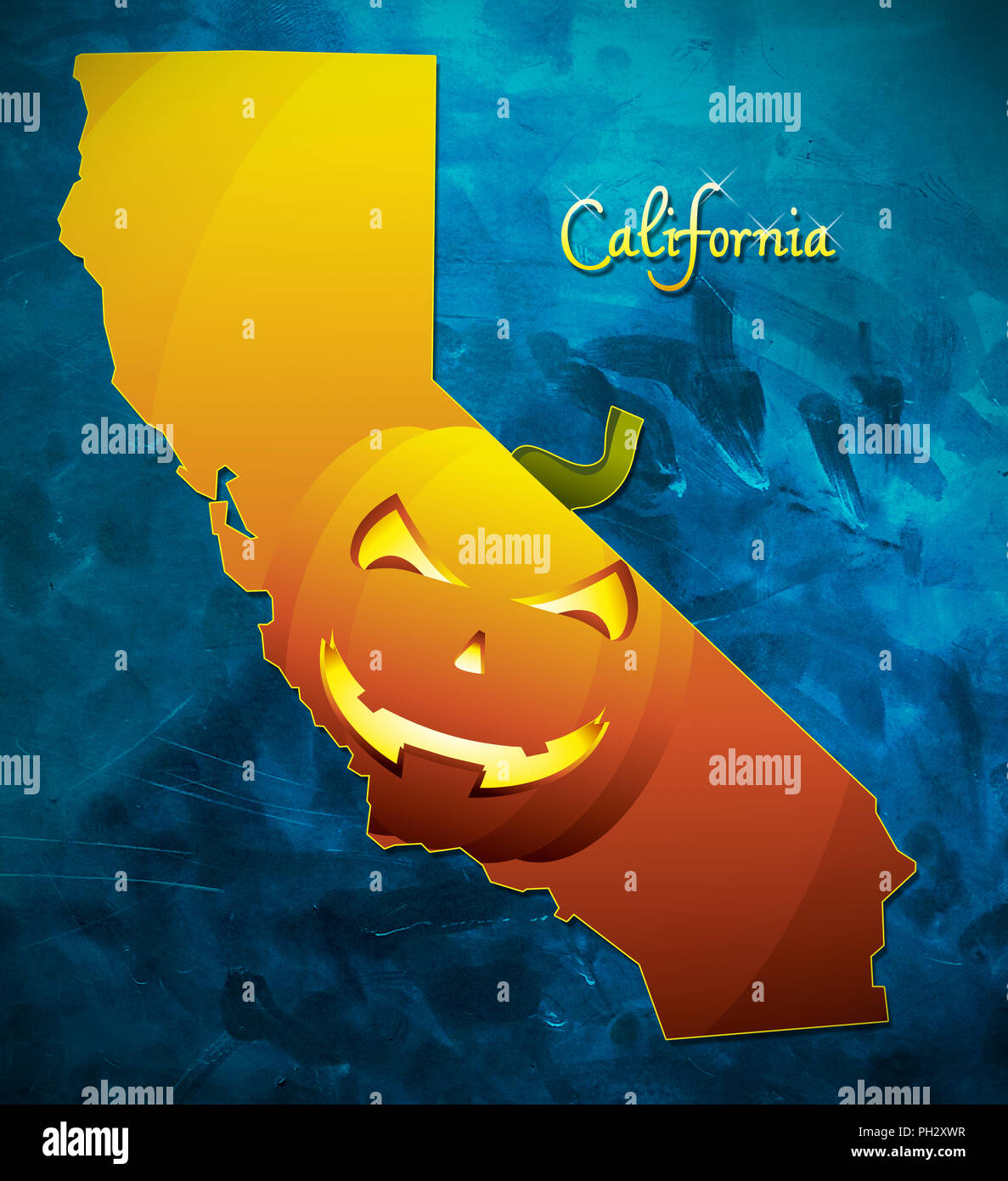 Lo stato della California Mappa USA con zucca di halloween illustrazione viso Foto Stock
