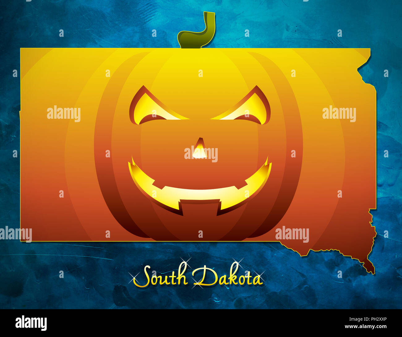 Dakota del Sud mappa di stato USA con zucca di halloween illustrazione viso Foto Stock