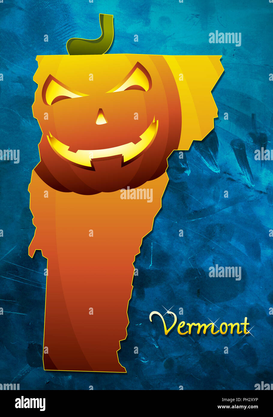 Stato del Vermont Mappa USA con zucca di halloween illustrazione viso Foto Stock