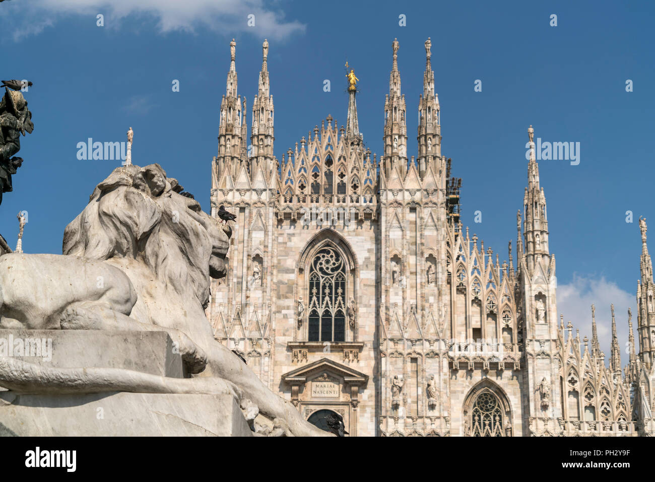Löwenfigur vor dem Mailänder Dom, Piazza del Duomo, Mailand, Lombardei, Italien | lion statua e il Duomo di Milano in Piazza del Duomo di Milano, Lombar Foto Stock