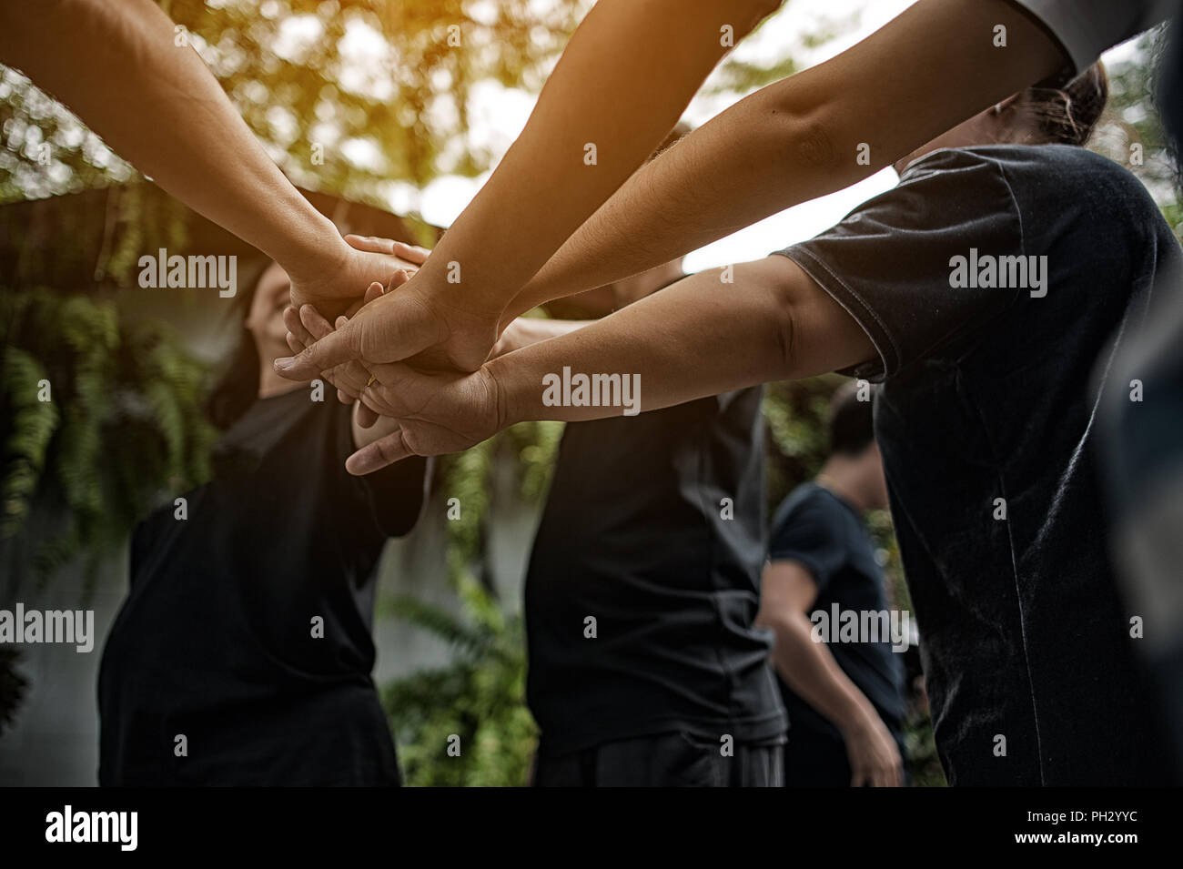 Il lavoro di squadra con le braccia e le mani. Foto Stock