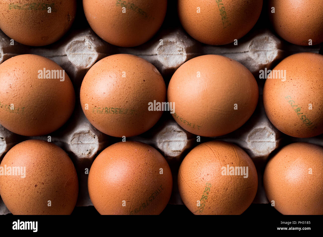 Codice di marcatura numeri stampati sulle uova con Package / contenitore. Industria alimentare. Foto Stock