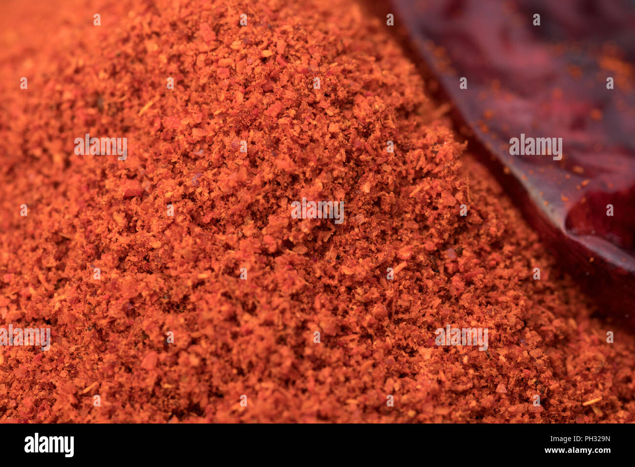 Una inquadratura ravvicinata di peperoncino rosso in polvere usato comunemente in cucina indiana Foto Stock