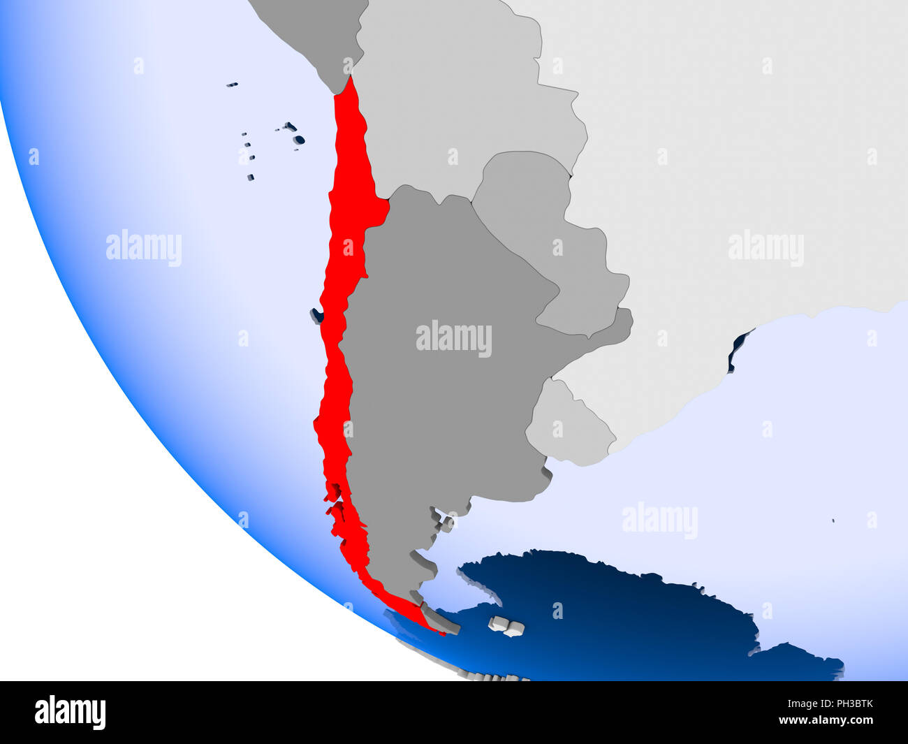 Mappa di Cile in rosso sul globo politico con trasparente degli oceani. 3D'illustrazione. Foto Stock